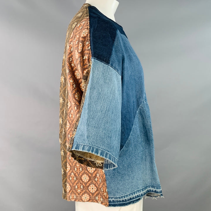 KAPITAL Size L Blue Brown Patchwork Cotton Blend Crew Neck T-shirt