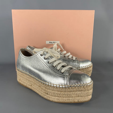 MIU MIU Size 8 Silver Espadrille Platform Sneakers