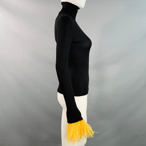 LA DOUBLEJ Size S High Kick Black Yellow Cashmere Silk Knit Turtleneck Ostrich Feathers Dress Top
