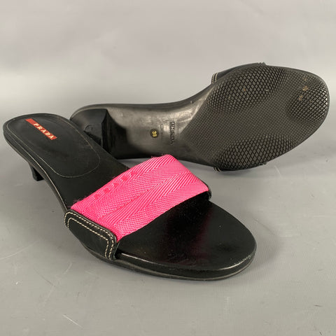 PRADA Size 8 Black Pink Nylon Mixed Materials Leather Trim Slip On Sandals