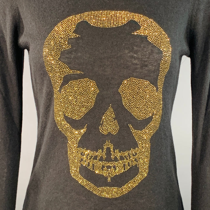 ZADIG & VOLTAIRE Size XS Black Gold Cashmere Rhinestones Skull Pullover