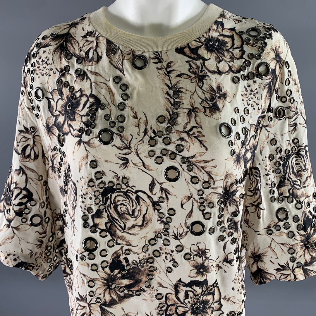 PHILLIP LIM Size 6 Cream Silk Floral Grommet T-Shirt