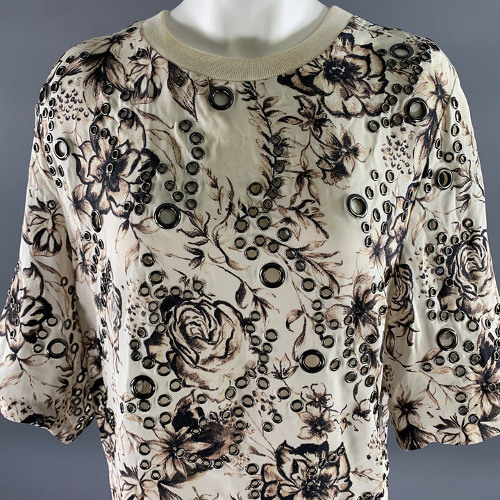 PHILLIP LIM Size 6 Cream Silk Floral Grommet T-Shirt