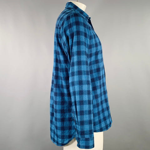 FOLK Size L Blue Navy Checkered Cotton One Pocket Long Sleeve Shirt