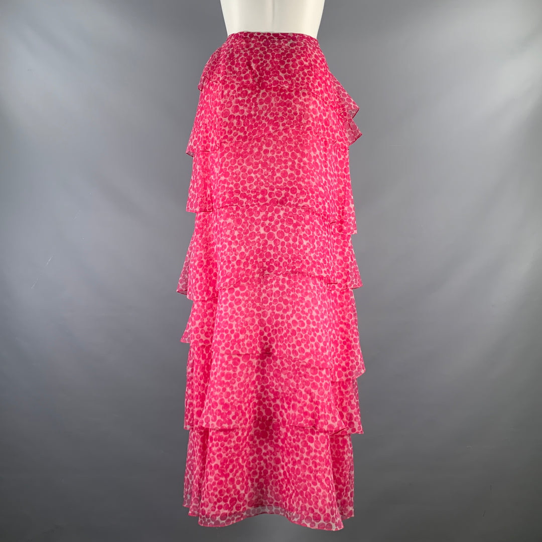 OSCAR DE LA RENTA Size 8 Pink White Dots Ruffle Long Skirt