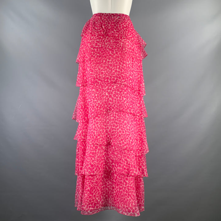 OSCAR DE LA RENTA Size 8 Pink White Dots Ruffle Long Skirt