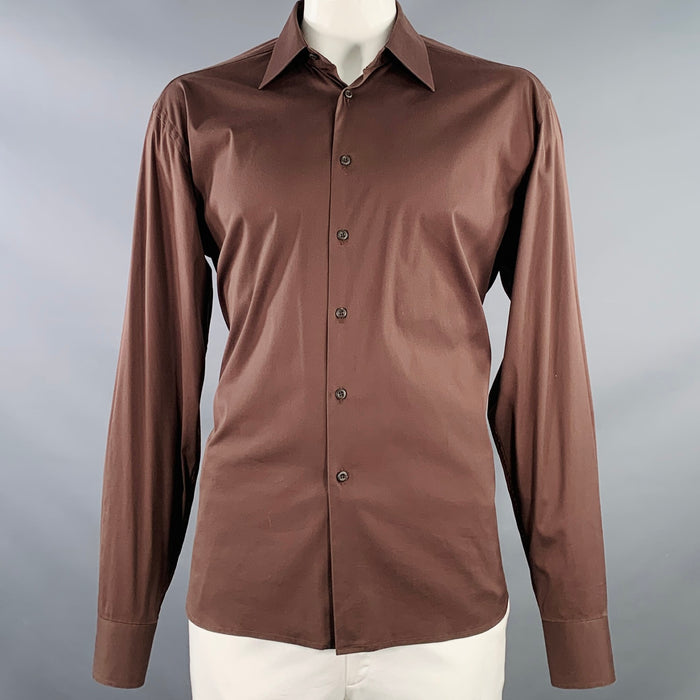 PRADA Size XL Brown Cotton Blend Spread Collar Long Sleeve Shirt
