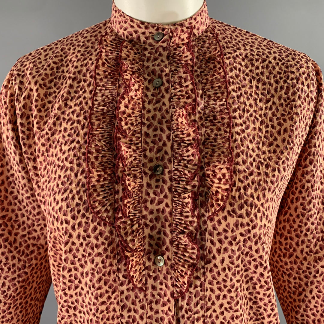 MARQUISE GRAN YAMAKI Size S Pink Burgundy Polyester Blend Leopard Print Band Collar Top