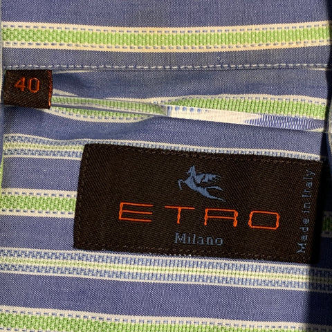 ETRO Size M Blue Green Stripe Cotton Spread Collar Long Sleeve Shirt