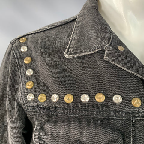 GUCCI Size M Hollywood Grey Painted Cotton Distressed Studded Denim Jacket