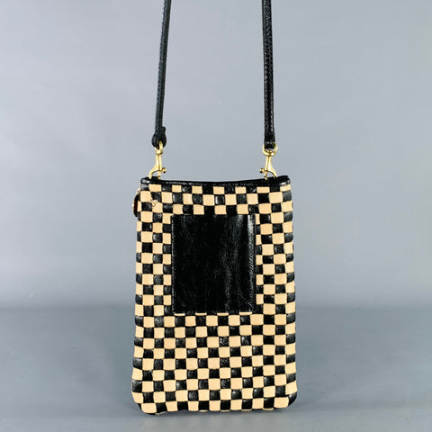 CLARE V. Poche Black Beige Checkered Leather Clutch Crossbody Handbag