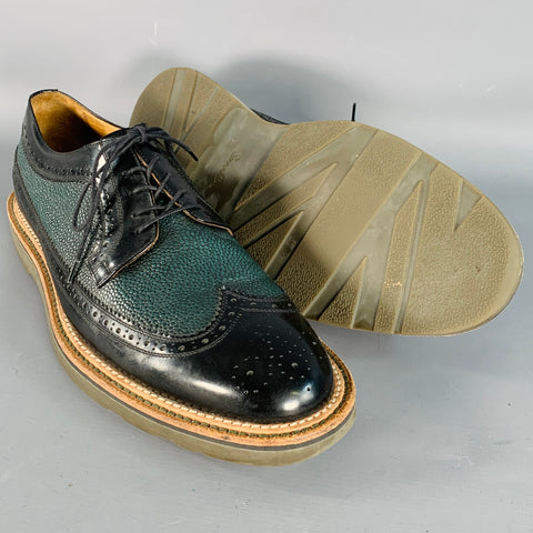 PAUL SMITH Size 10 Black Green Perforated Pebble Grain Leather Wingtip Lace-Up Shoes