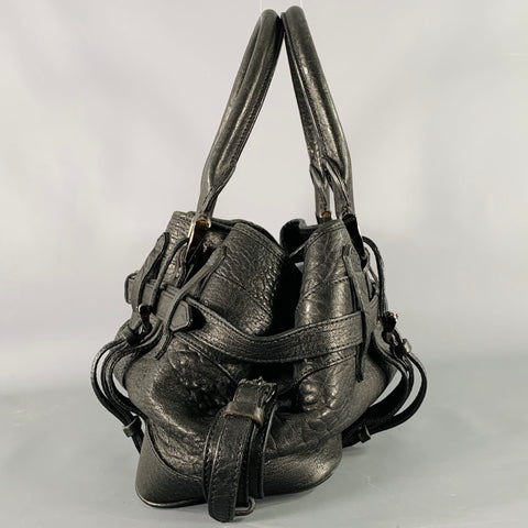 BURBERRY Black Gunmetal Leather Top Handles Handbag