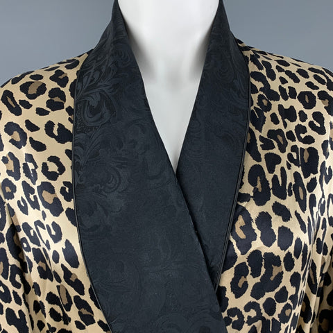 PAUL STUART Size M Black Beige Satin Animal Print Belted Bathrobe