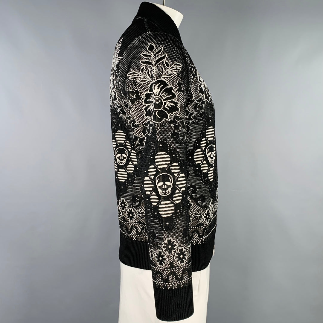 ALEXANDER MCQUEEN Size L Black White Floral Wool Blend Bomber Jacket