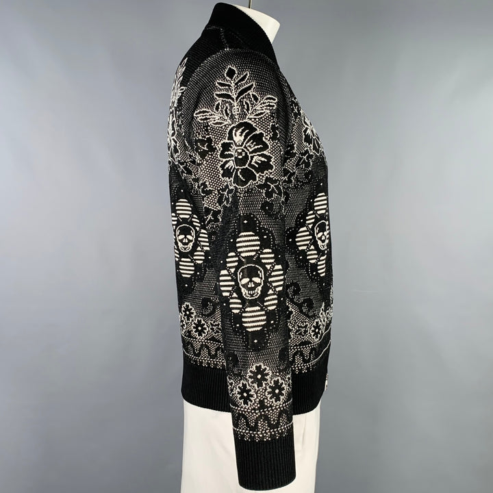 ALEXANDER MCQUEEN Size L Black White Floral Wool Blend Bomber Jacket