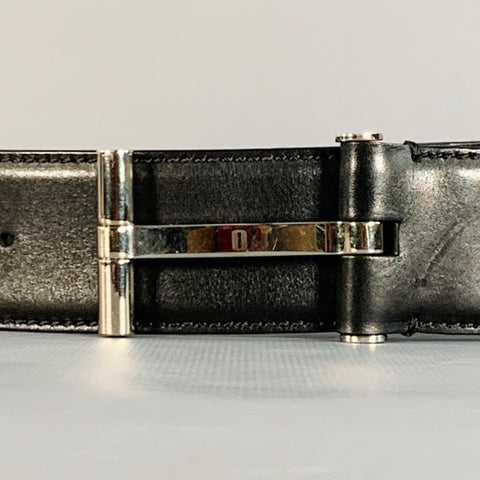 TOM FORD Size 38 Black Silver Monogram Leather T Belt