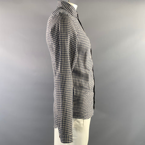 FRANK LEDER Size S Beige Blue Gingham Linen Button Up Long Sleeve Shirt
