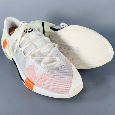 Y-3 Size 12 White Black Orange Color Block Mesh Lace-Up Sneakers