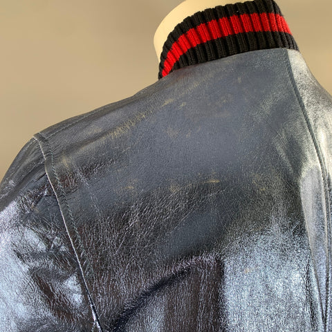 GUCCI Size 36 Blue Metallic Stripe Leather Bomber Jacket