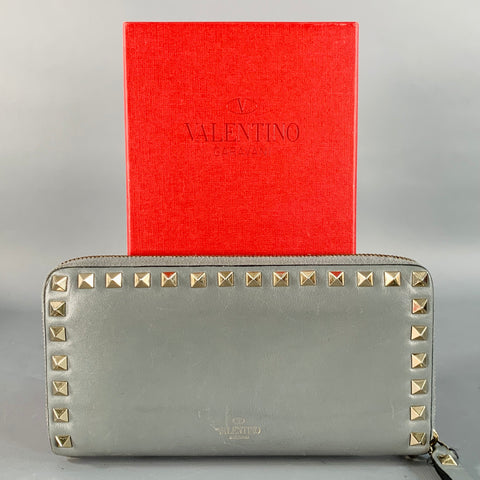 VALENTINO Rockstud Grey Gold Studded Leather Checkbook Wallet