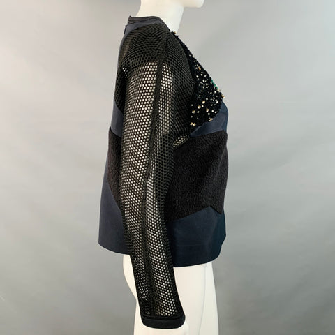 FENDI Fall 2014 Size 6 Navy Green Polyamide Blend Patchwork Back Zip Casual Top