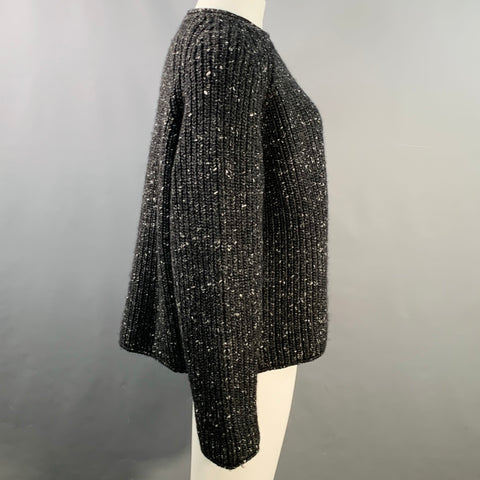 TOTEME Size L Country Knit Grey White Wool Alpaca Silk Ribbed Crew Neck Sweater
