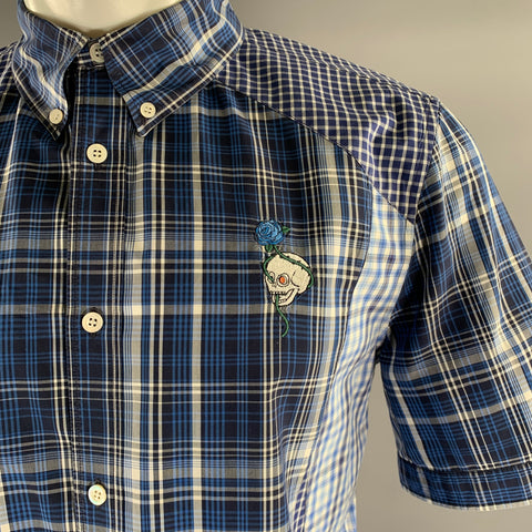 ALEXANDER MCQUEEN Size M Blue Mixed Plaid Cotton Short Sleeve Shirt