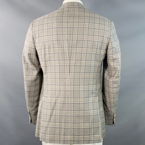 ISAIA Size 44 Long Grey Taupe Plaid Wool Notch Lapel Sport Coat