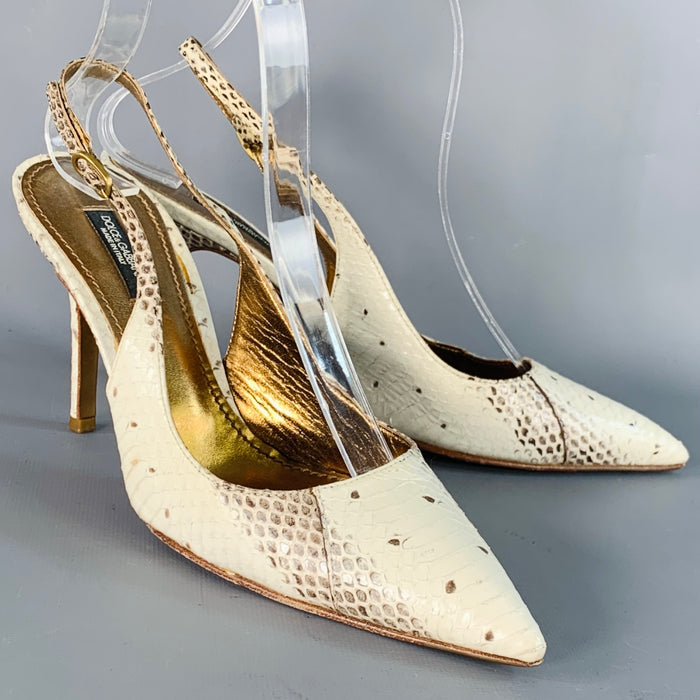 DOLCE & GABBANA Size 6.5 Beige Brown Snakeskin Leather Slingback Pumps