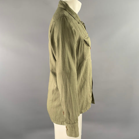 ELEVENTY Size S Green Olive Cotton Blend Camp Long Sleeve Shirt