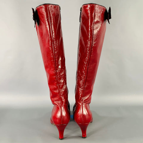 MOSCHINO Size 7 Burgundy Bow Patent Leather Zip Up Boots