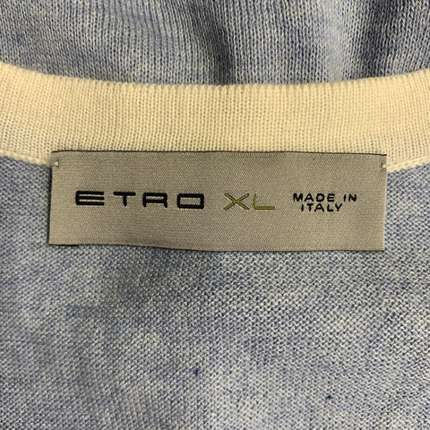 ETRO Size XL Blue White Knitted Cotton Cashmere V-Neck Vest