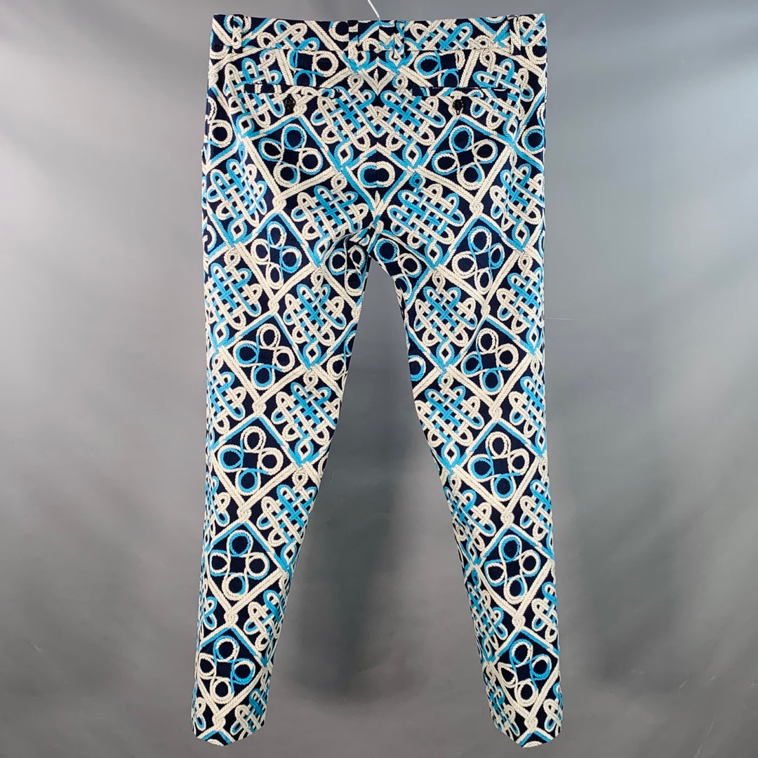 MR TURK Size 34 Clyde Navy Blue White Knots Cotton Blend Tapered Casual Pants