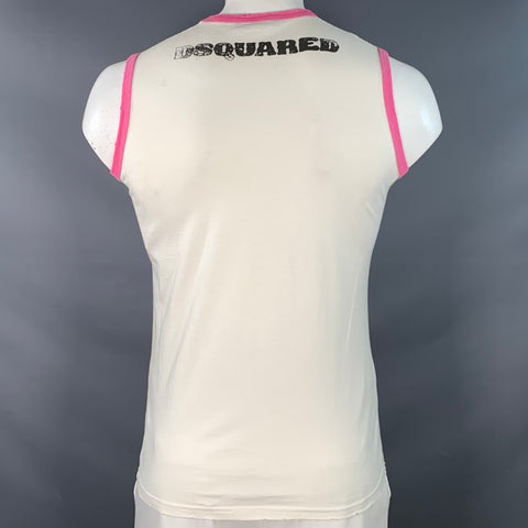 DSQUARED2 Size L White Pink Print Cotton Sleeveless Crew Neck Tank Top