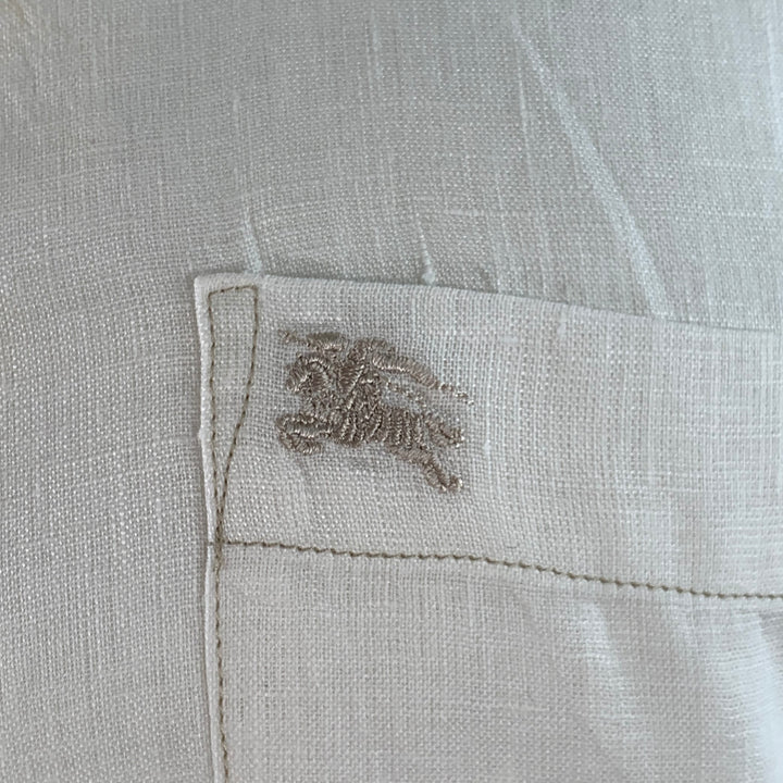 BURBERRY BRIT Size S White Taupe Contrast Stitch Button Down Collar Linen Long Sleeve Shirt