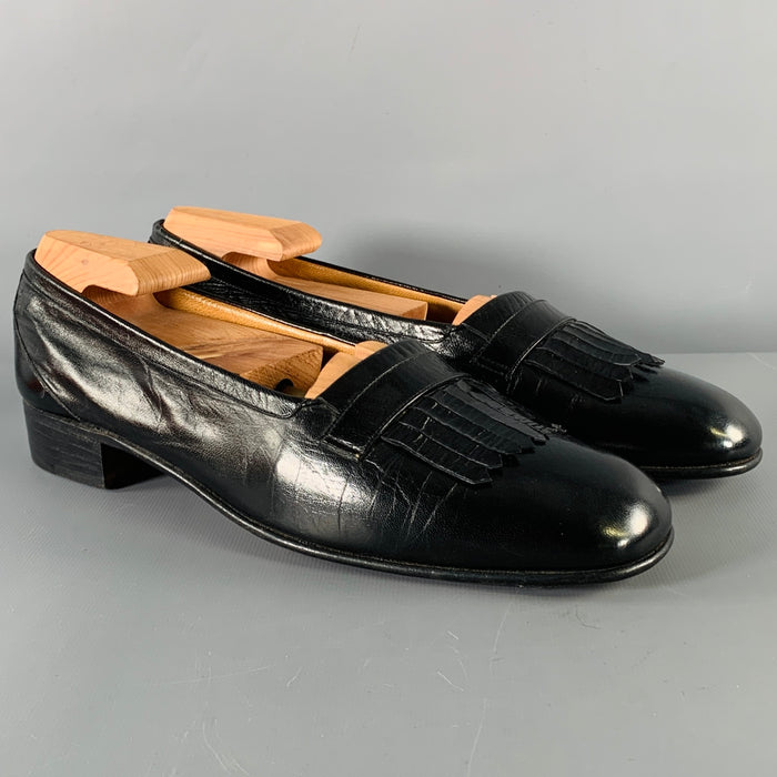 HERMES Size 7.5 D  Black Leather Eyelash Loafers