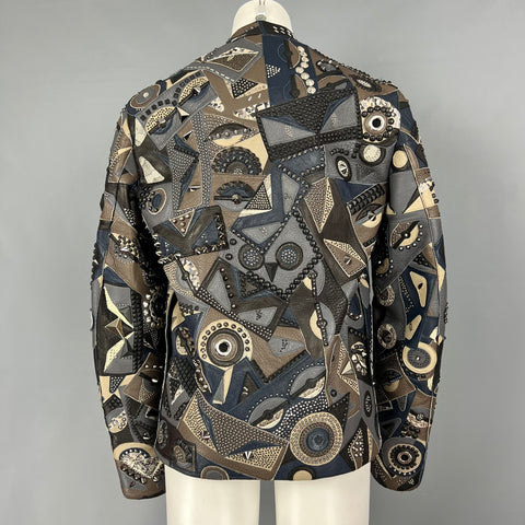 FENDI Printemps 2016 Taille 34 Gris Bleu Agneau Cerf Cuir Peau de Serpent Clouté Allover Monster Veste