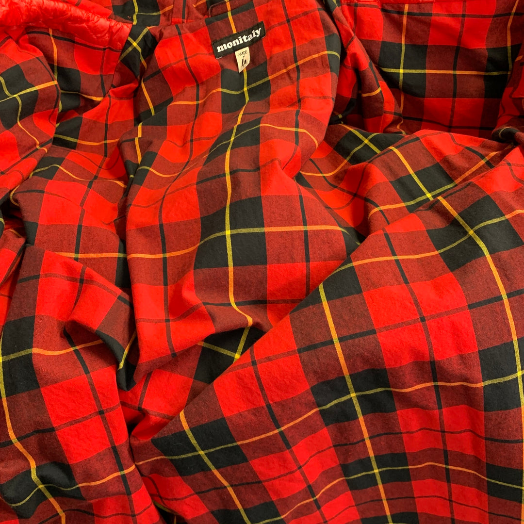 MONITALY Size L Red Quilted Nylon Hooded Buckle Clasp Coat