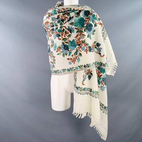 VINTAGE White Blue Green Embroidered Floral Fringe Scarf Shawl