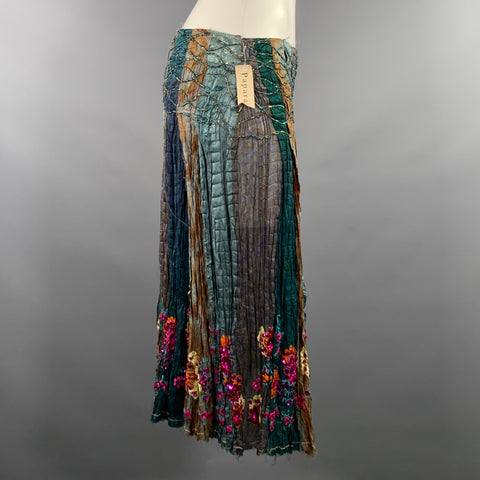 CHAN LUU Size M Teal Rust Silk Flower Knee Length Skirt