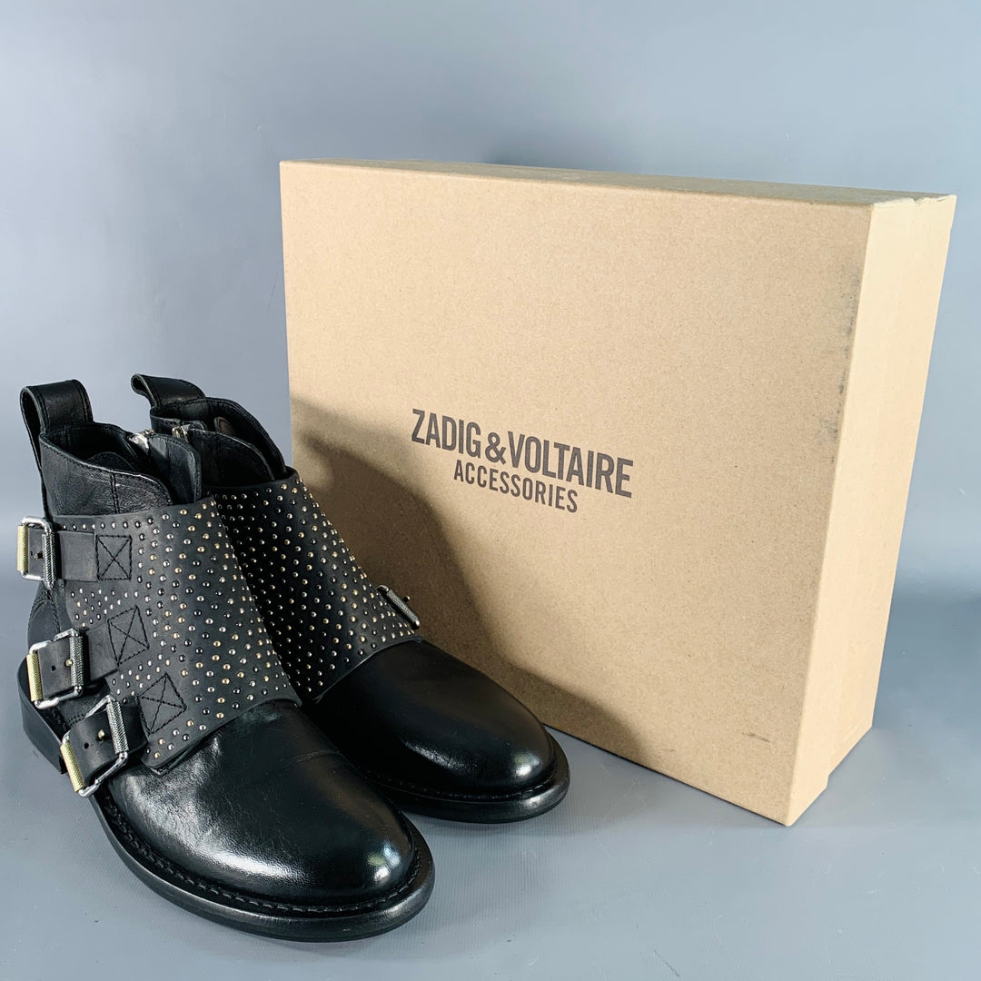 ZADIG & VOLTAIRE Size 8 Laureen Flap Black Studded Leather Belted Side Zipper Boots