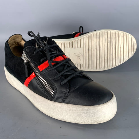 GIUSEPPE ZANOTTI Size 11 Black Red Mixed Fabrics Leather & Suede Sneakers