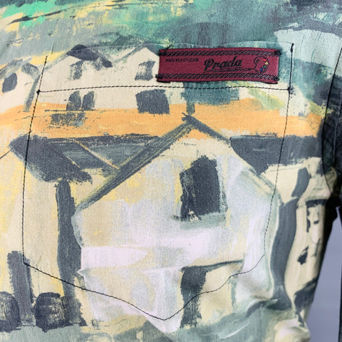 PRADA FW17 Size S Green Multi Color Landscape Print Cotton Button Up Long Sleeve Shirt