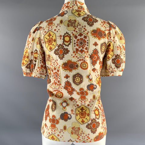 SEE By Chloe Size 8 Cream Rust Cotton Geometric Puff Shoulder Blouse