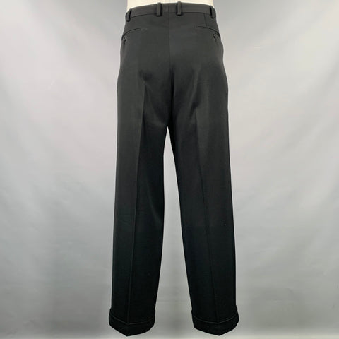 INCOTEX Size 34 Black Wool Flat Front Dress Pants