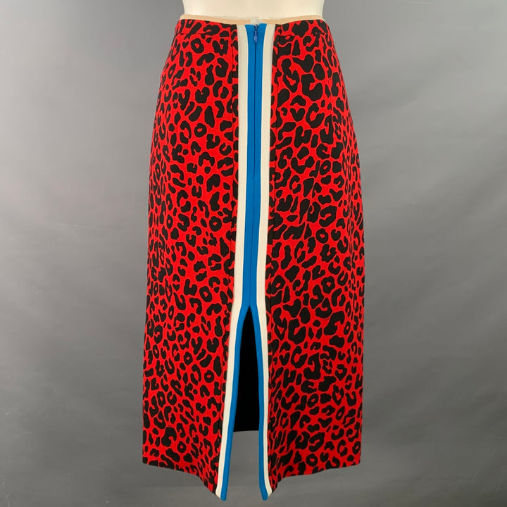 No. 21 Size 8 Red Black Viscose Animal Print Pencil Midi Skirt
