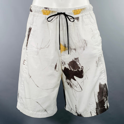 ISABEL BENENATO SS21 Size 32 White Black Scribble Cotton Blend Shorts