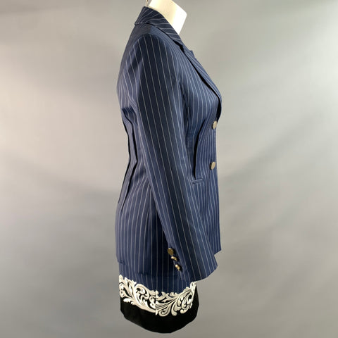 VERSACE SS2013 Size 4 Blue White Viscose & Cupra Pinstripe Notch Lapel Dress & Blazer Set