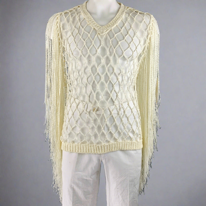 BED J.W. FORD Size L Runway SS19 Off White See-Through Knit V-Neck Pullover